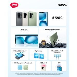 itel A100C 90hz 6.6″ Super Clear Display 5000mah Military-grade Durability 64/2+4gb – Titanium Gold