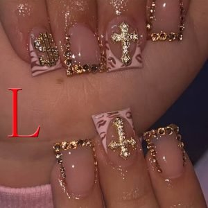 10PCS Diamond French Pointed Nail Short Square Nail Nude Fake Nail With Gold Glitter Diamond Nail Leopard Print Fake Nail