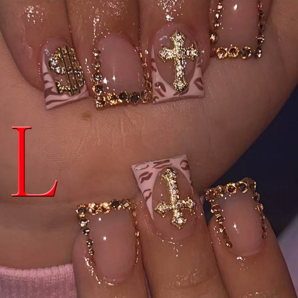 Home 10PCS Diamond French Pointed Nail Short Square Nail Nude Fake Nail With Gold Glitter Diamond Nail Leopard Print Fake Nail